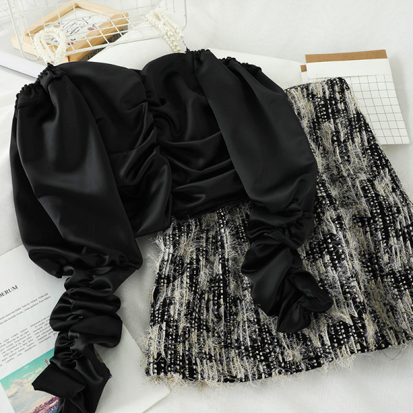 Stiilne kaheosaline naiste komplekt - lühike pärlipaeltega pluus ja kõrge vöökohaga seelik