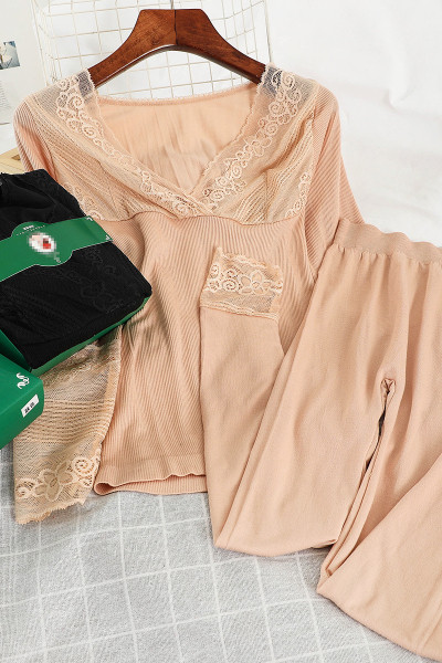 Női tavaszi pizsama két részből - blúz és leggings csipkével