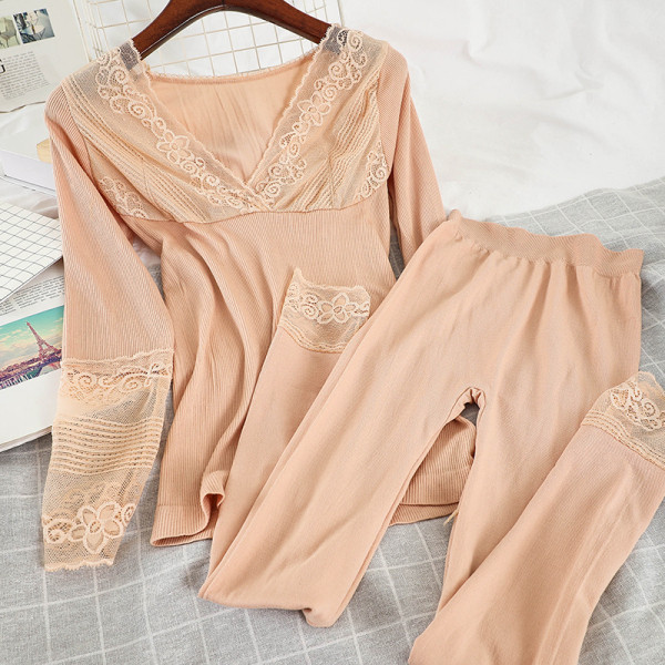 Női tavaszi pizsama két részből - blúz és leggings csipkével