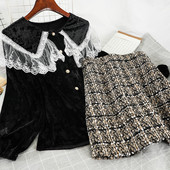 Stílusos női szett, amely tartalmaz egy csipkés bársonyinget és egy magas derékú kötött szoknyát