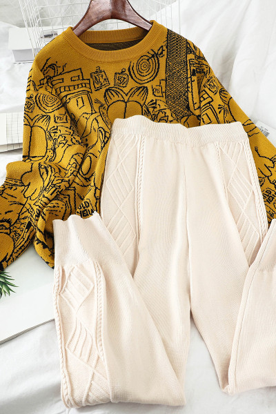 Naiste igapäevane komplekt kaheosalisest värvilisest kampsunist ja pükstest