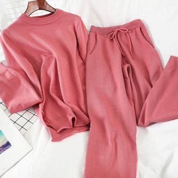 Ежедневен дамски плетен комплект от две части - пуловер и панталон