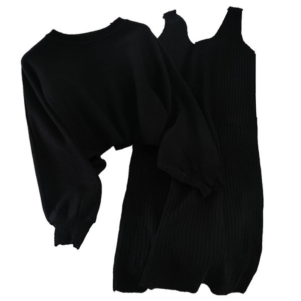 Kaasaegne naiste kootud komplekt, mis sisaldab kampsunit ja rihmadega kleiti