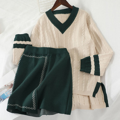 Naiste kootud komplekt, mis sisaldab V-kaelusega kampsunit ja kõrge vöökohaga seelikut