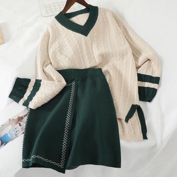 Naiste kootud komplekt, mis sisaldab V-kaelusega kampsunit ja kõrge vöökohaga seelikut