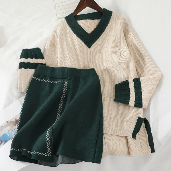 Naiste kootud komplekt, mis sisaldab V-kaelusega kampsunit ja kõrge vöökohaga seelikut