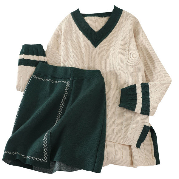 Naiste kootud komplekt, mis sisaldab V-kaelusega kampsunit ja kõrge vöökohaga seelikut