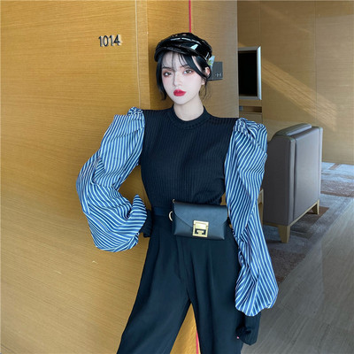 Naiste triibuliste puhvvarrukatega kevadpluus