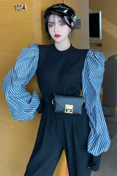 Naiste triibuliste puhvvarrukatega kevadpluus