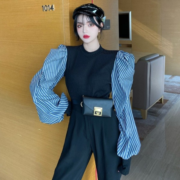 Naiste triibuliste puhvvarrukatega kevadpluus