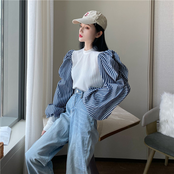 Naiste triibuliste puhvvarrukatega kevadpluus