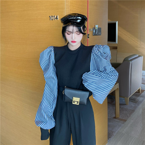 Naiste triibuliste puhvvarrukatega kevadpluus