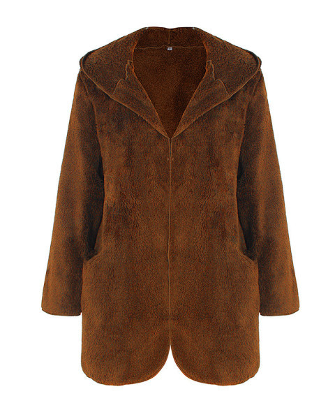 Plüss női kabát kapucnival és zsebekkel