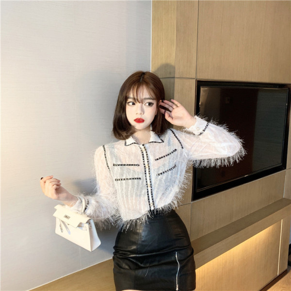 Stiilne naiste särk klassikalise krae ja tikandiga