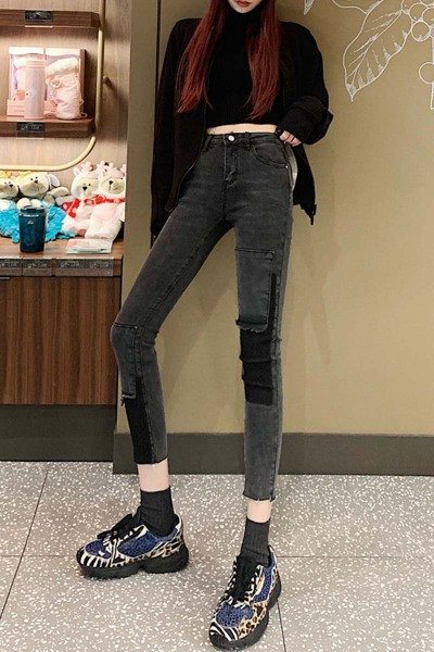 Modern női farmer Karcsú modell magas derékkal, színes foltokkal