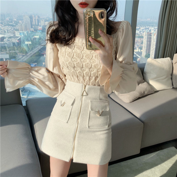 Női gyapjúszoknya magas derékkal és cipzárral