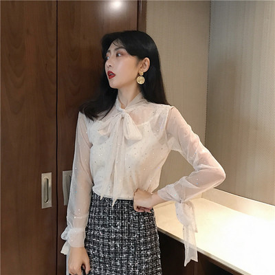 Kevadine naiste litritega pluus ja paelaga krae