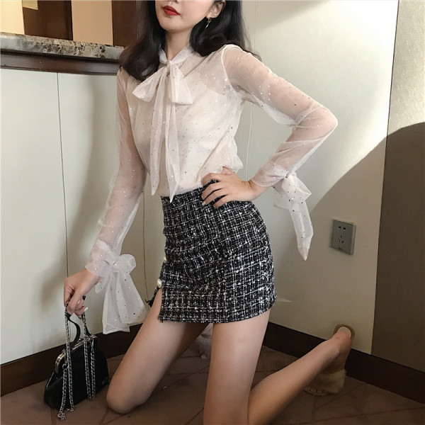 Kevadine naiste litritega pluus ja paelaga krae