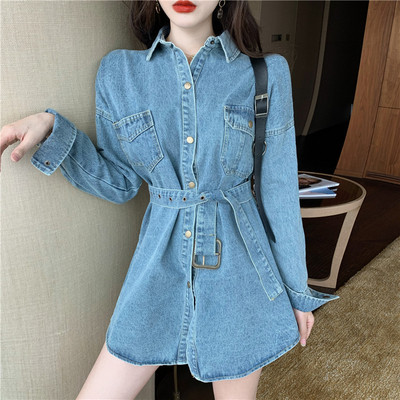 Tavaszi női farmer ruha klasszikus gallérral és övvel