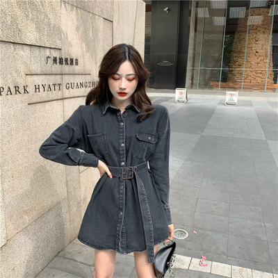 Tavaszi női farmer ruha klasszikus gallérral és övvel