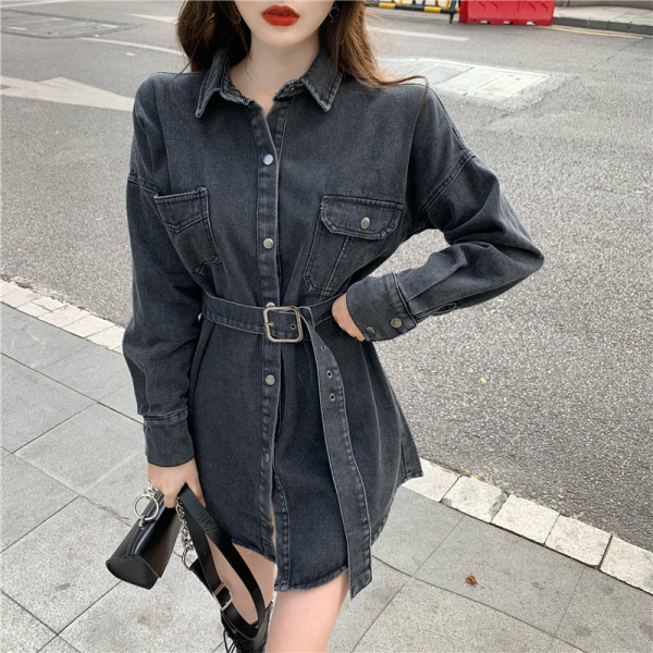 Tavaszi női farmer ruha klasszikus gallérral és övvel