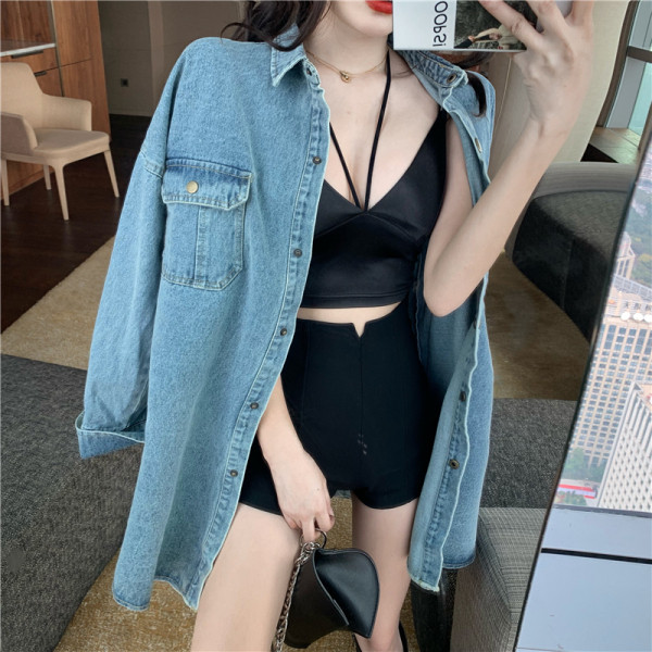 Tavaszi női farmer ruha klasszikus gallérral és övvel