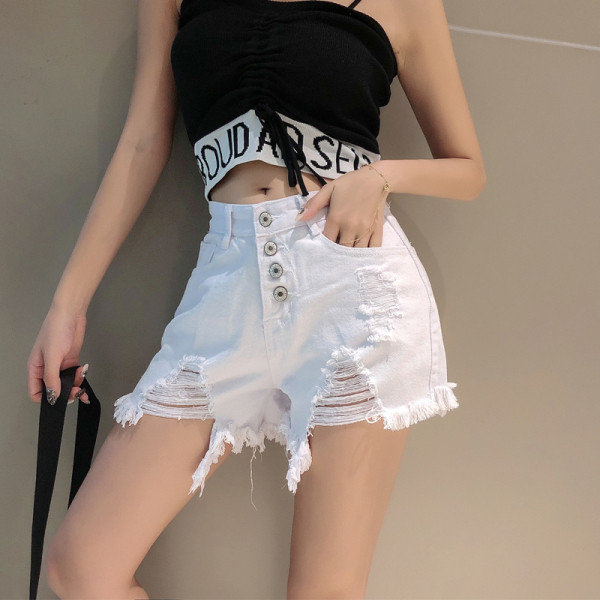 Rövid tavaszi-nyári farmernadrág magas derékkal, szakadt motívumokkal