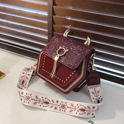 Kaasaegne naistekott pika värvilise sanga, läikiva efekti ja metallist elementidega