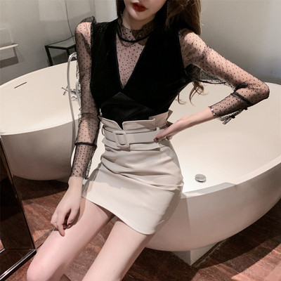 Új modell női fekete bársony blúz tüll ujjal