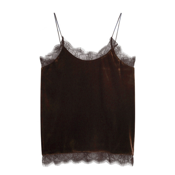 Praegune naiste sametist peenikeste rihmade ja pitsiga topp