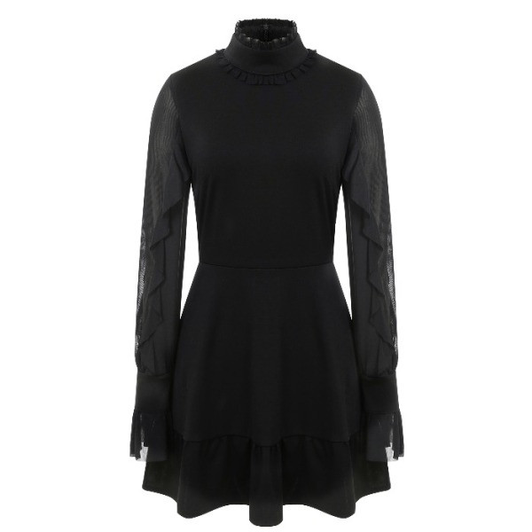 Rövid, fekete ruha modell pólógallérral és tüllel