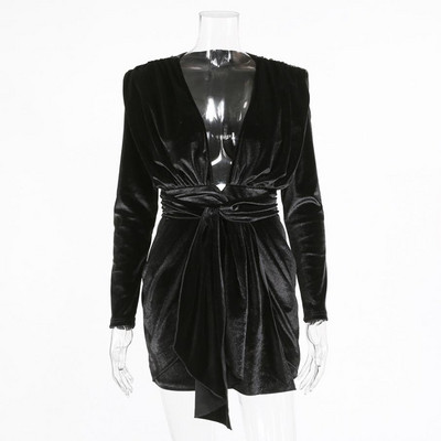 Modern női bársonyruha V-nyakú fekete színben