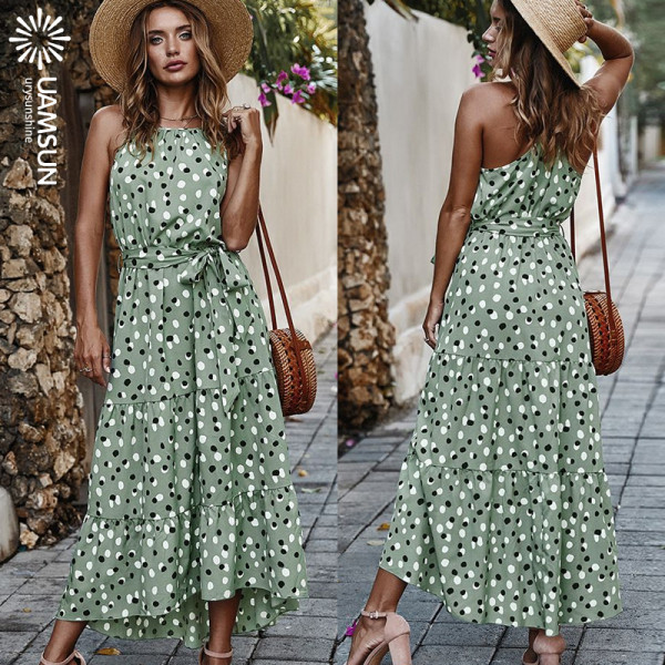 Ежедневна дамска дълга лятна рокля с голи рамене и връзки 