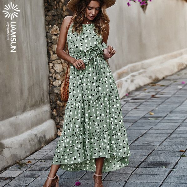 Ежедневна дамска дълга лятна рокля с голи рамене и връзки 