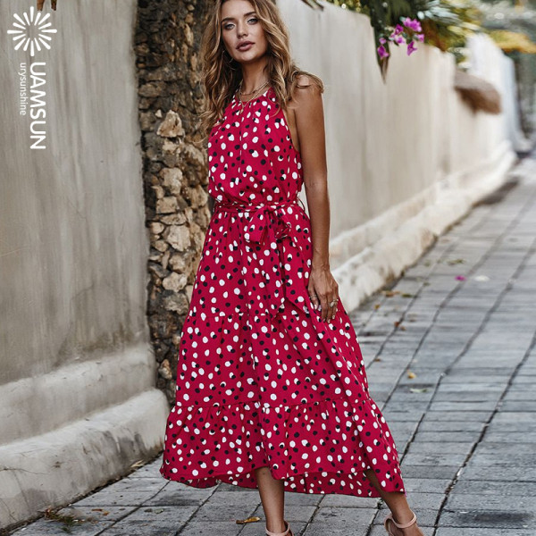 Ежедневна дамска дълга лятна рокля с голи рамене и връзки 