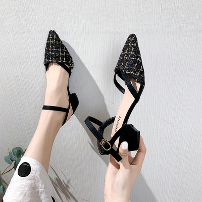 Sandale dama din piele intoarsa ecologica si material textil cu toc mic gros - model ascutit