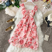 Нов модел дамска рокля с широки презрамки и флорален десен