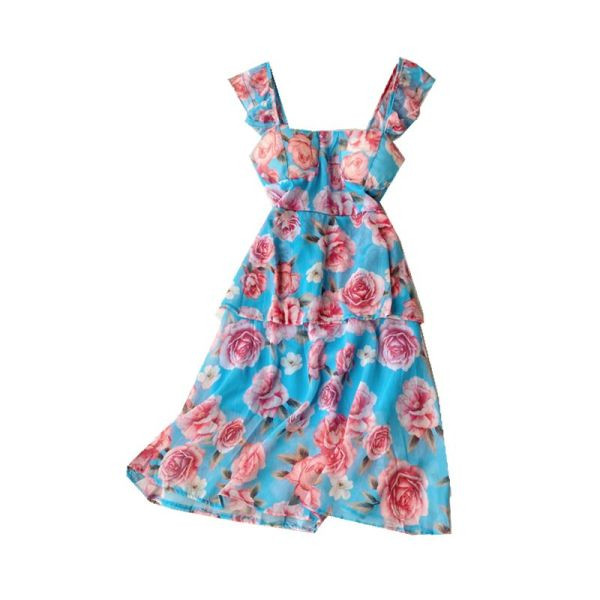 Нов модел дамска рокля с широки презрамки и флорален десен 