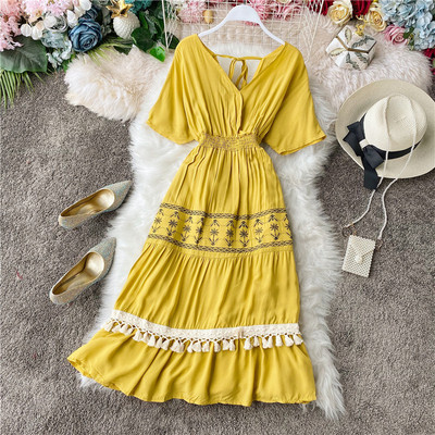 Ежедневна дамска плажна рокля с къс ръкав и пискюл 