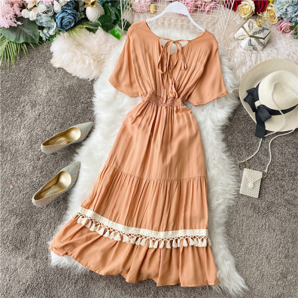 Ежедневна дамска плажна рокля с къс ръкав и пискюл 