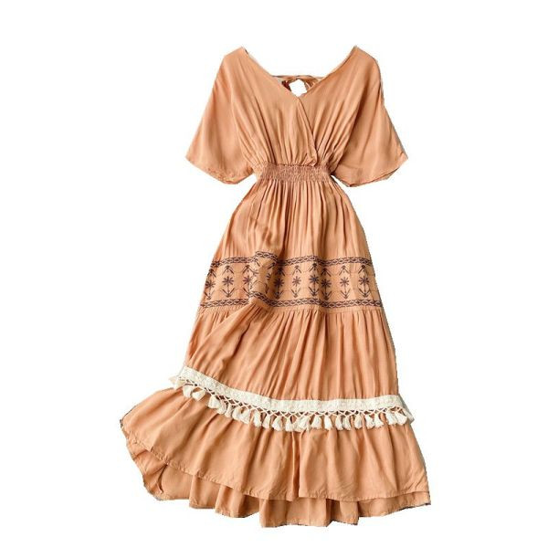 Ежедневна дамска плажна рокля с къс ръкав и пискюл 