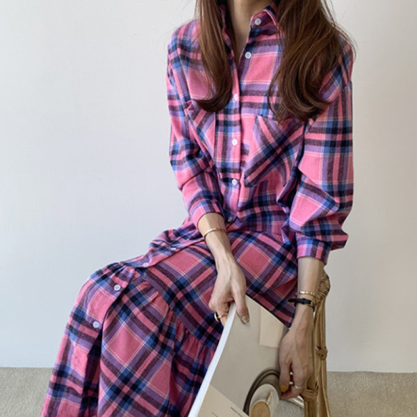 Дамска ежедневна карирана рокля -дълъг модел с класическа яка и дълъг ръкав 