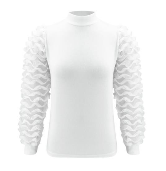 Дамска модерна блуза с висока яка и тюл на ръкавите в бял цвят