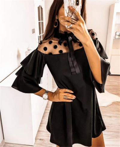 Нов модел дамска рокля с панделка и къс ръкав-разкроен модел