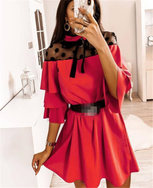 Нов модел дамска рокля с панделка и къс ръкав-разкроен модел