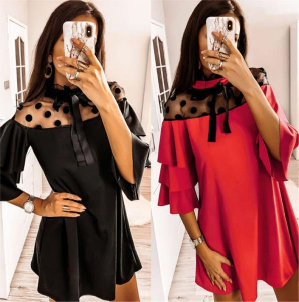 Нов модел дамска рокля с панделка и къс ръкав-разкроен модел