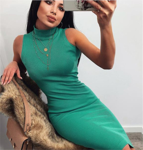 Дамска ежедневна рокля с висока яка - Slim модел