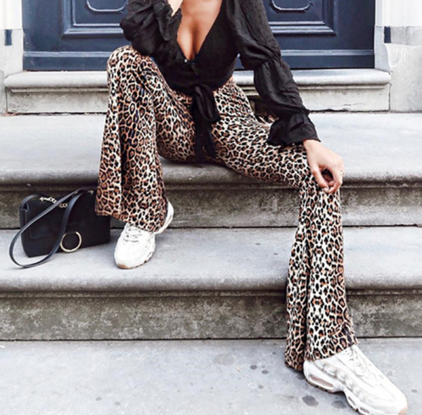 Модерен дамски дълъг панталон с висока талия и животински десен 