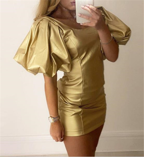 Нов модел дамска рокля от еко кожа с широки ръкави 