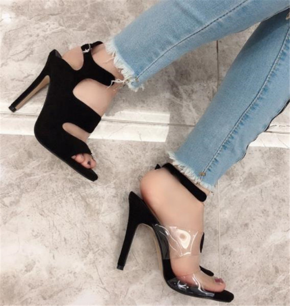 Нов модел дамски сандали с тънък ток от еко велур 